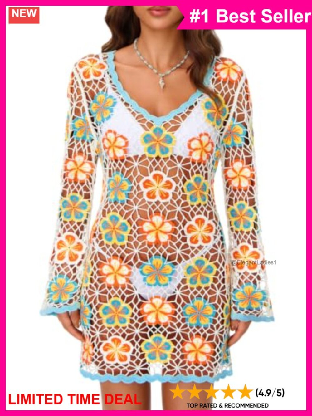 Crochet Hibiscus Beach Cover Up Bell Sleeve Swim Dress Vacation